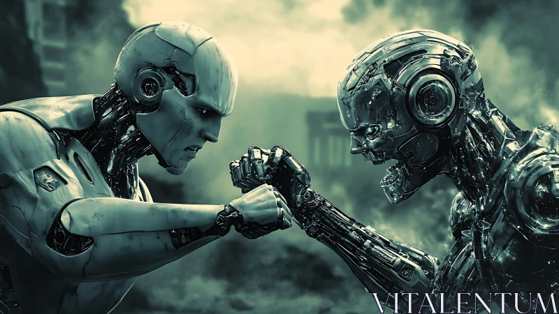 Two determined robots locked in an intense metallic showdown.