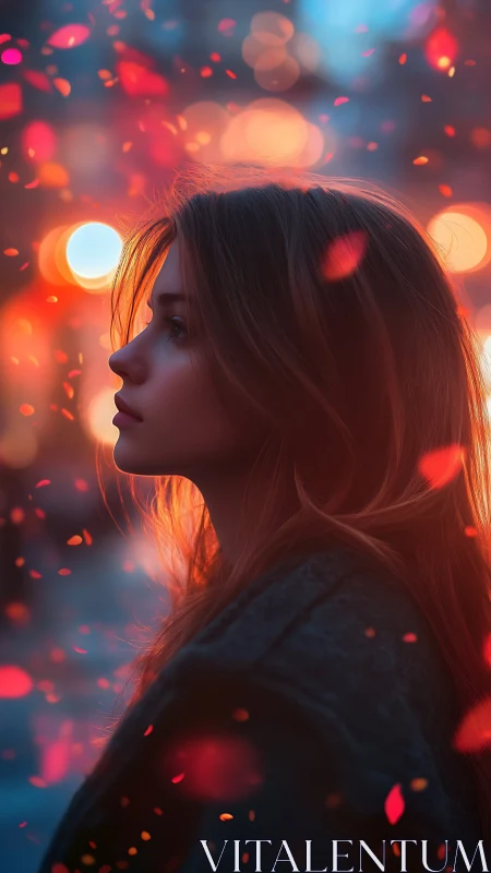 Side profile portrait amid bokeh lights and drifting petals