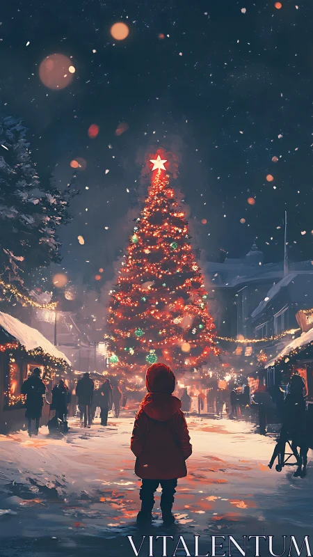 Child in red coat observing illuminated town square Christmas tree
