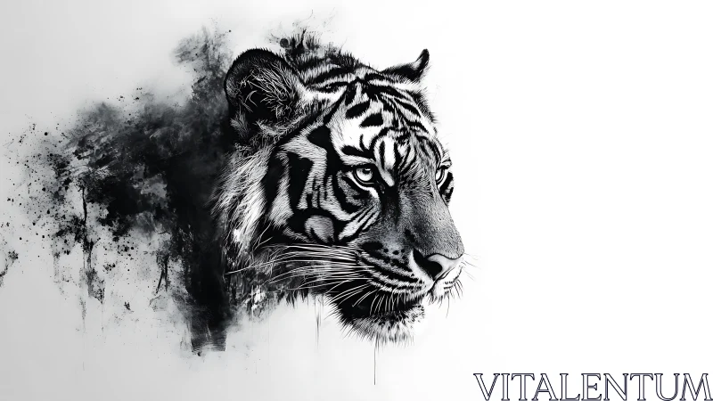 Tiger portrait emerges from abstract ink clouds in silence