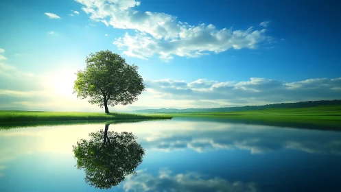 Solitary lakeside tree mirrored in calm reflective water.