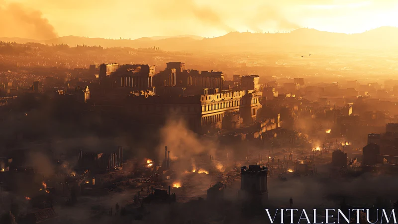 Sunlit ancient acropolis amid systematic urban conflagration.