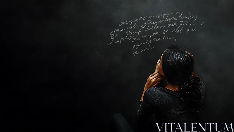 Quiet thinker leans into swirling handwriting on dark wall