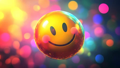 Glowing smiley sphere floats amid vivid bokeh lights