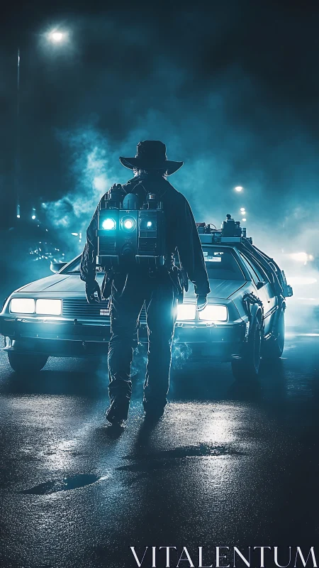 Midnight time-hacker faces neon-lit retro time machine.