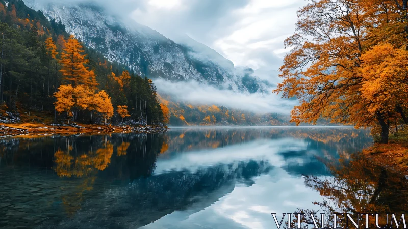 Golden lakeside autumn beneath misty mountain reflections.