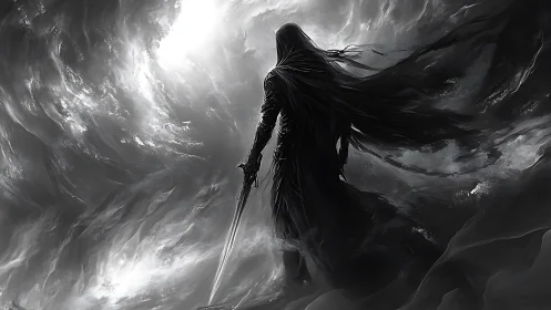 Monochrome warrior silhouette in storm-swept digital painting.