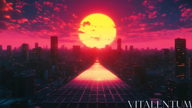 Neon megacity glows under an oversized electric sunset.