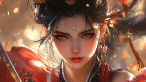 Digital painting portrait of fiery-eyed warrior heroine with bokeh focus.