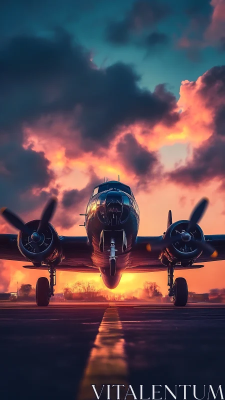 Twin radial engine vintage bomber on runway at vivid sunset