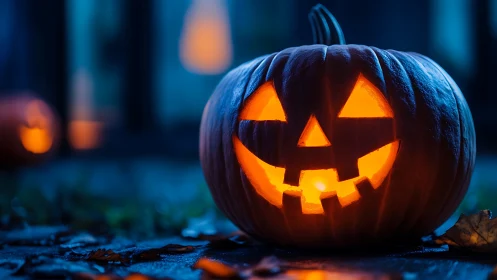 Cheerful jack o’lantern glows warmly on a moody fall night