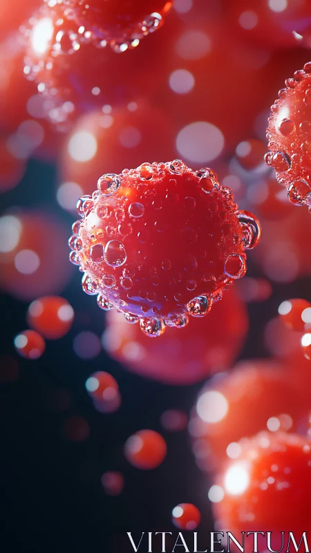 Bubbled crimson orbs drifting through neon-fizz twilight.