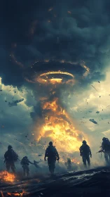 Soldiers advance beneath colossal burning alien mothership