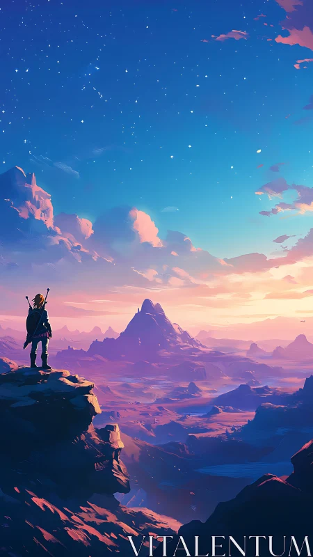 Digital painting of lone wanderer over luminous fantasy valley.