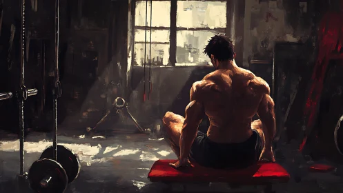 Backlit muscular athlete resting on bench in gritty gym interior