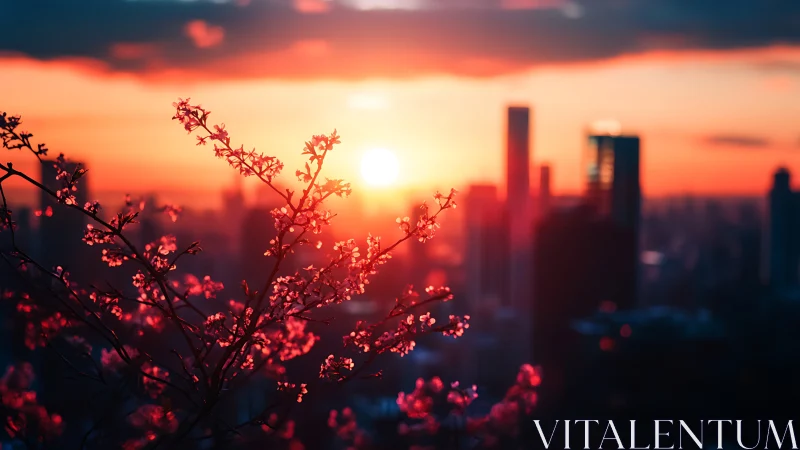 Sunlit cherry blossoms against glowing urban skyline.