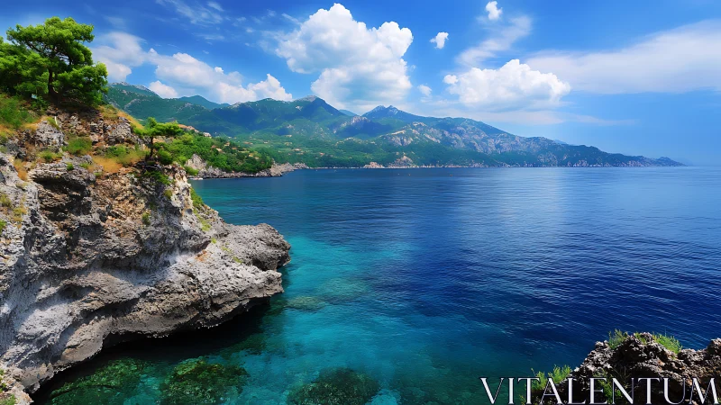 Sunlit cliffs and turquoise coves along a calm blue sea.