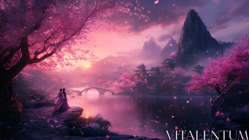 Romantic couple by sakura lake at sunset in fantasy realm.
