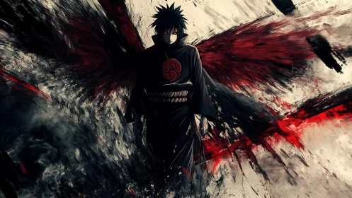 Brooding shadow ninja amid crimson winged chaos.