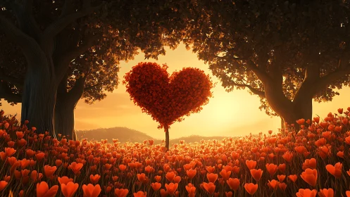 Heart Tree Blooms: Love Grows Where Golden Light Meets Red Petals