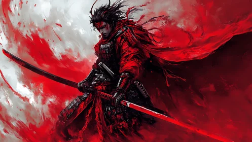 Samurai figure in red armor amid abstract red field.