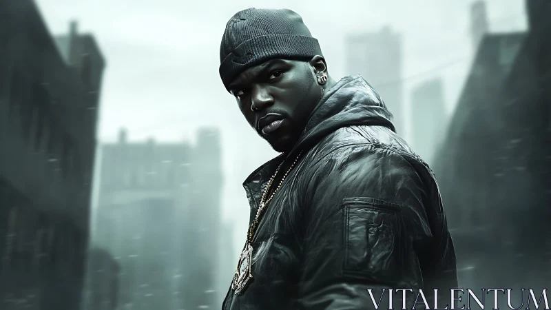 Man in dark jacket in misty urban street scene.