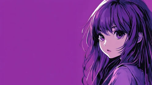 Purple-haired anime girl gazes back against vivid backdrop.
