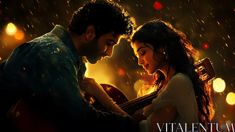 Two figures in heavy rain beneath warm overhead lighting.