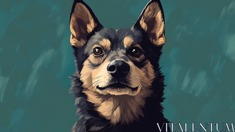 Stoic shepherd dog portrait against teal painted hush.