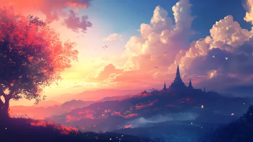 Sunfire tree guarding a cloudbright kingdom at dusk.