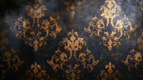 Rich vintage damask pattern glows on a dark textured wall