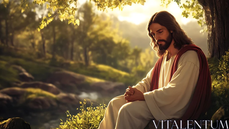 Serene robed figure prays quietly beneath a sunlit tree.