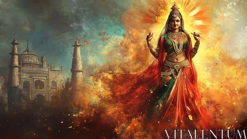 Radiant Hindu goddess strides before ancient palace ruins