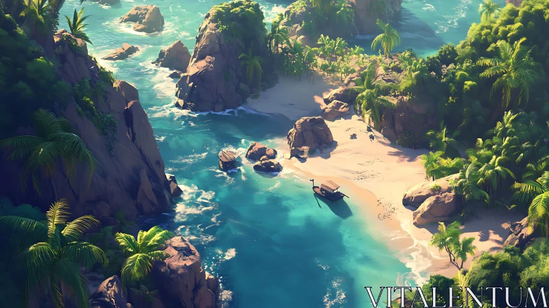 Aerial view of sheltered coastal beach surrounded by rocky outcrops and tropical vegetation