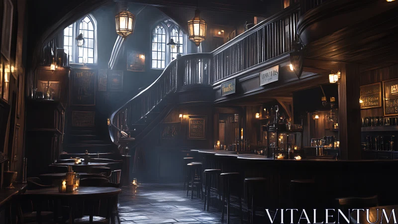 Amber-lit tavern staircase curling through smoky wooden hush.