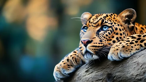 Leopard resting on log with shallow depth of field background.
