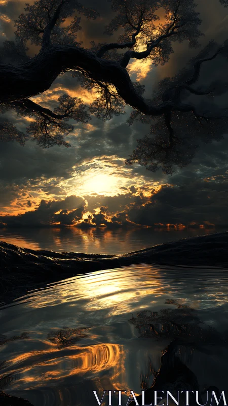 Storm-lit coastal tree above molten sunset water.