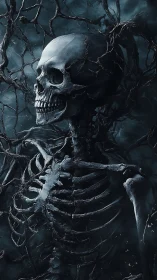 Human skeleton entwined with dark organic tendrils at night.