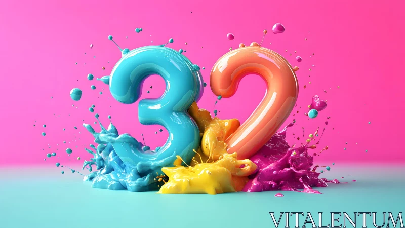 Vibrant 3D Numbers 3 and 2 with Colorful Paint Splash Art.
