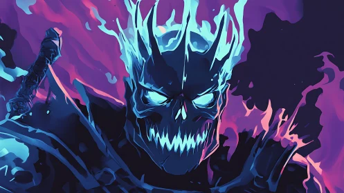 Flaming spectral warlord rendered in neon blue and magenta tones.