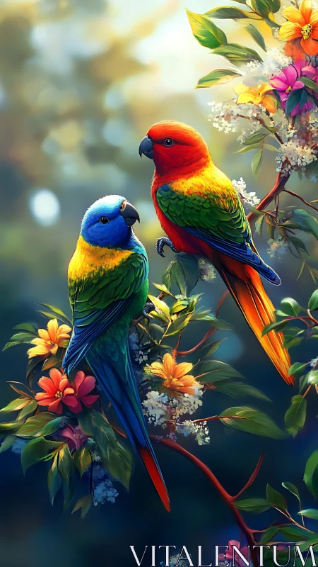 Two colorful parrots perch on flowering branches in sunlight