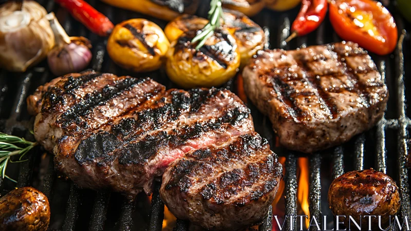 Steaks crackle over fire while summer vegetables join in