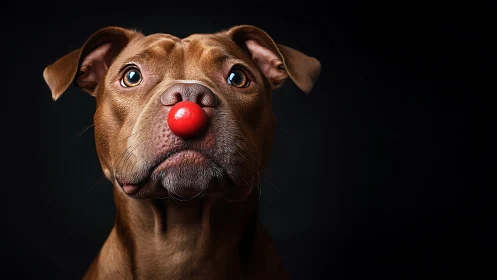 Brown Dog with Red Clown Nose Against Black Background