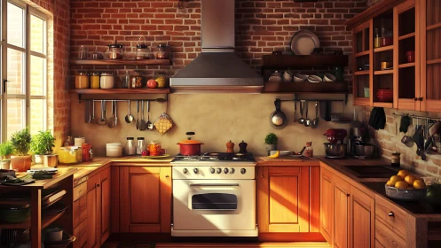 Sunlit brick-walled kitchen interior shows organized work zones