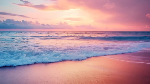 Chromatic littoral waves under gradient sunset skyscape.