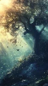 Solitary forest tree in filtered sunbeams and rising mist.