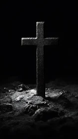 High contrast stone cross monument in desolate rocky terrain