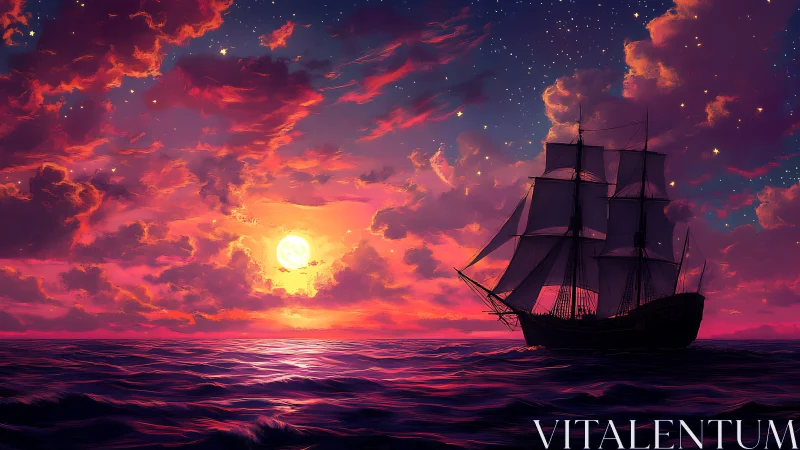 Sailing vessel silhouette crosses ocean under luminous sky