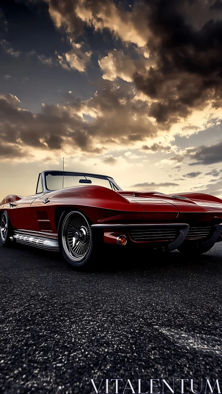 Crimson classic roadster prowls beneath storm-tinted dusk sky.
