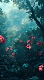Luminous teal forest with vivid pink wildflowers in bloom.